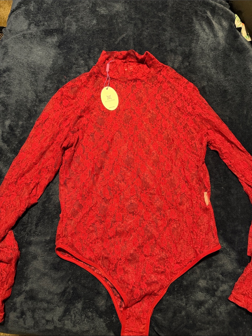 Red Lace Long-Sleeve Mock Neck Bodysuit